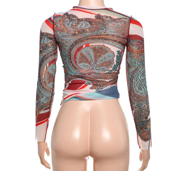 Long sleeve crewneck mesh abstract print top  | Festival Outfits Women