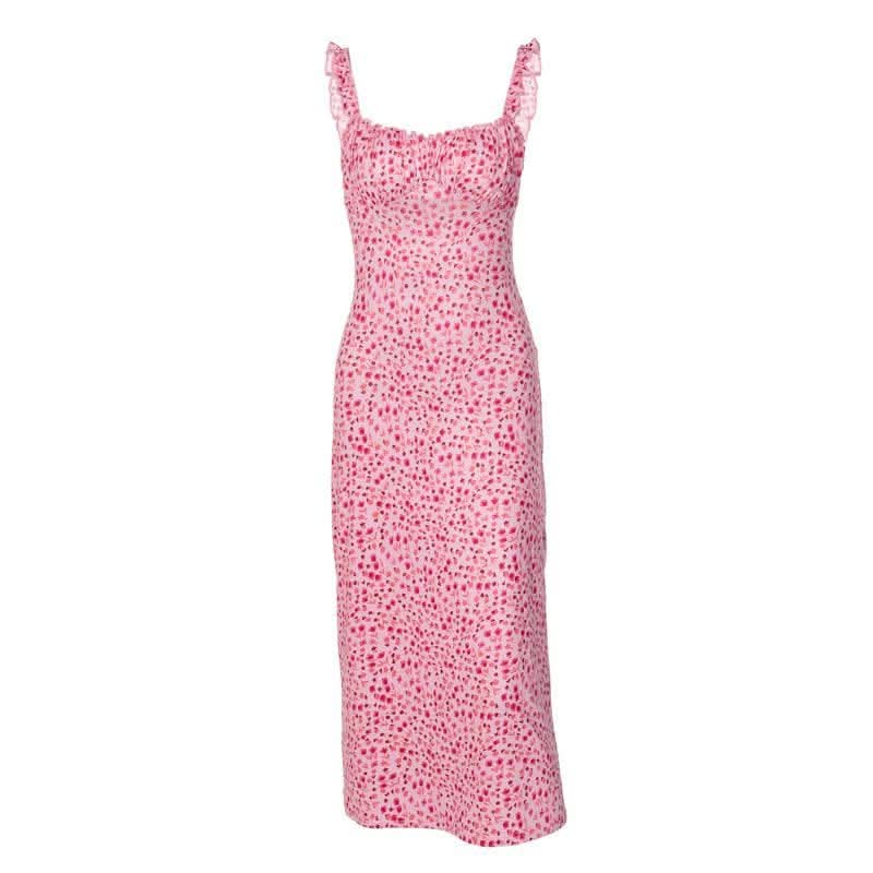 Flowers contrast print ruffle ruched square neck backless cami midi dress-final-sale