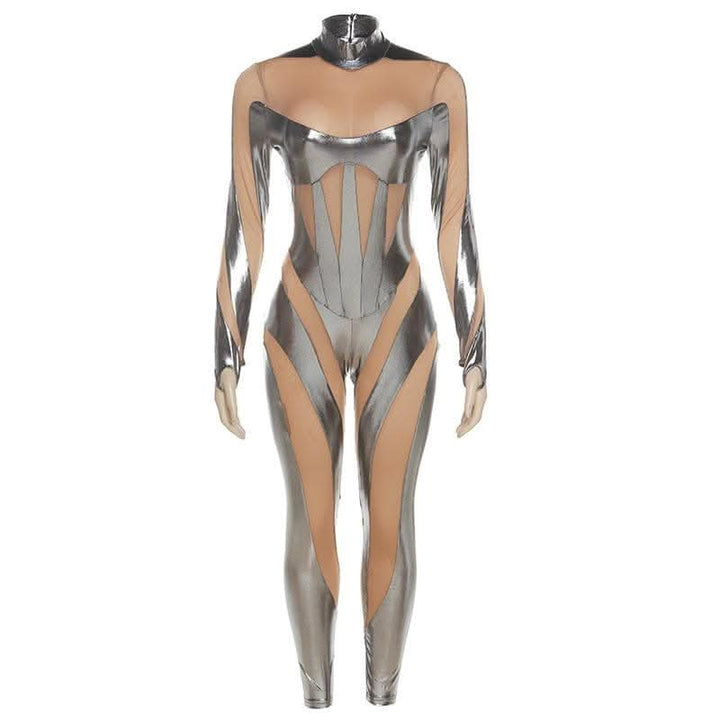 Metallic zip-up long sleeve gloves mesh patchwork high neck jumpsuit-final-sale