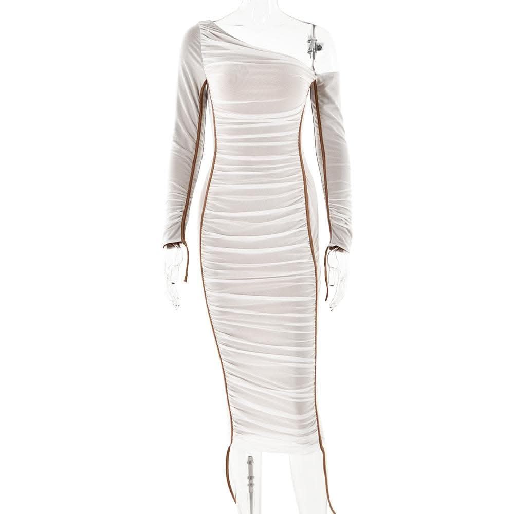 Long sleeve one shoulder ruched stitch mesh midi dress-final-sale  | Festival Outfits Women