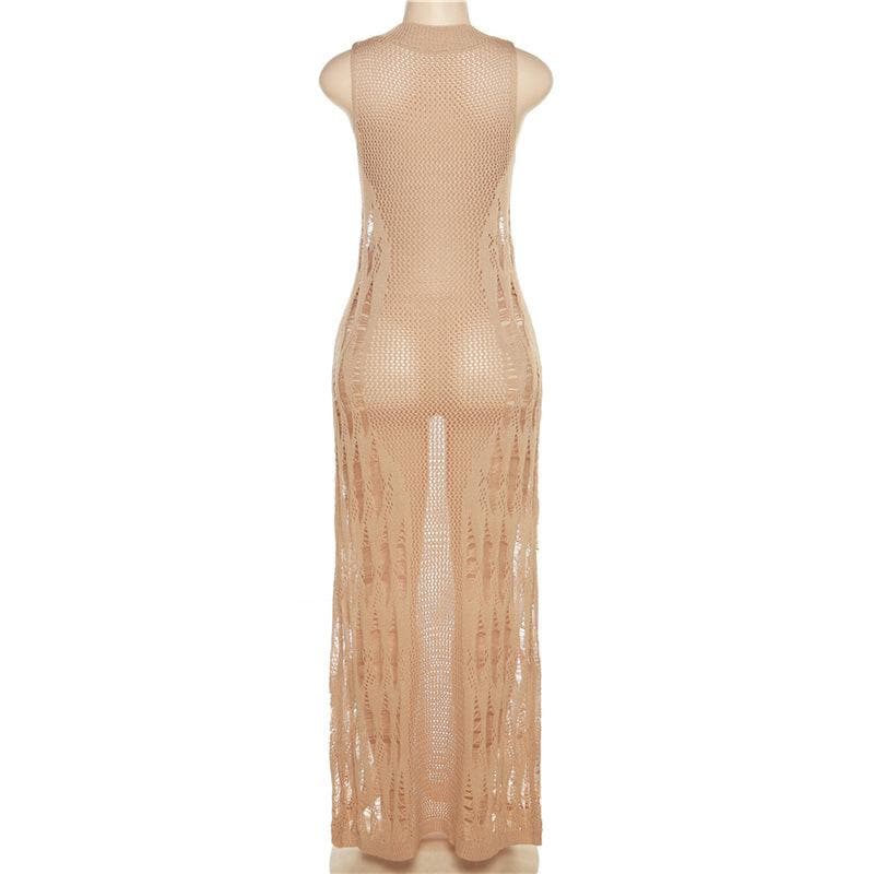 Crochet solid sleeveless see through round neck maxi dress-final-sale  | Festival Outfits Women