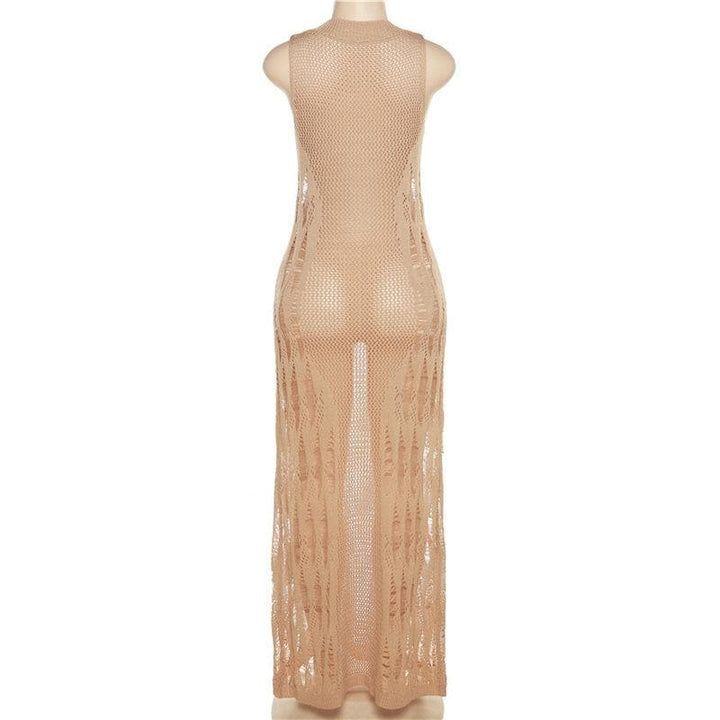 Crochet solid sleeveless see through round neck maxi dress-final-sale  | Festival Outfits Women
