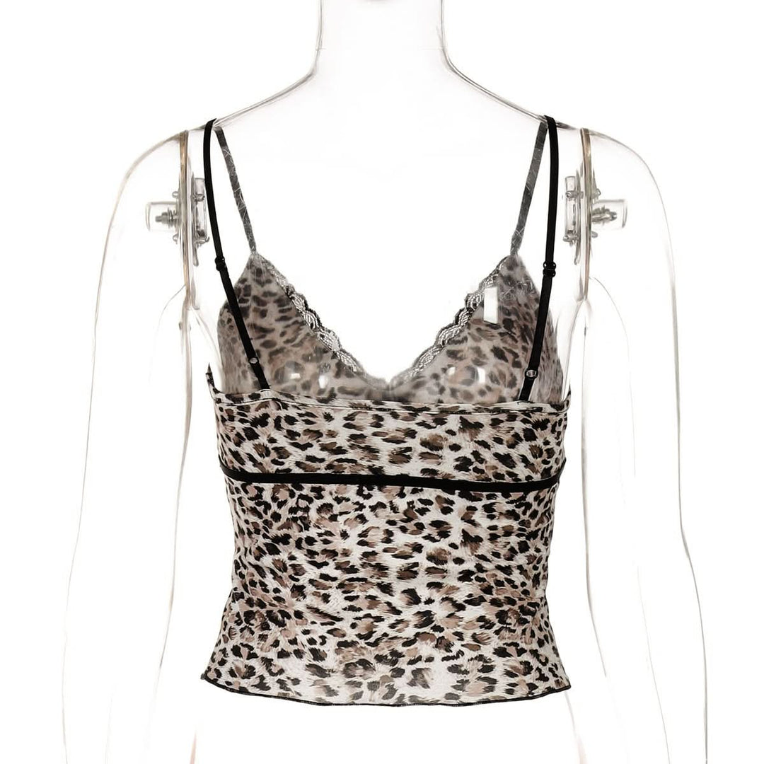 V neck bowknot leopard print cami top  | Festival Outfits Women  | Cheetah Print Top