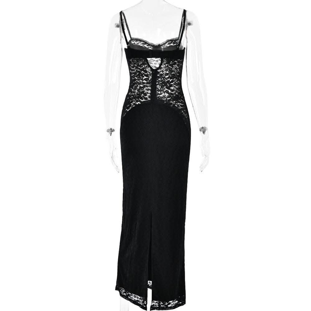 Button slit zip-up solid lace low cut maxi dress-final-sale  | Festival Outfits Women