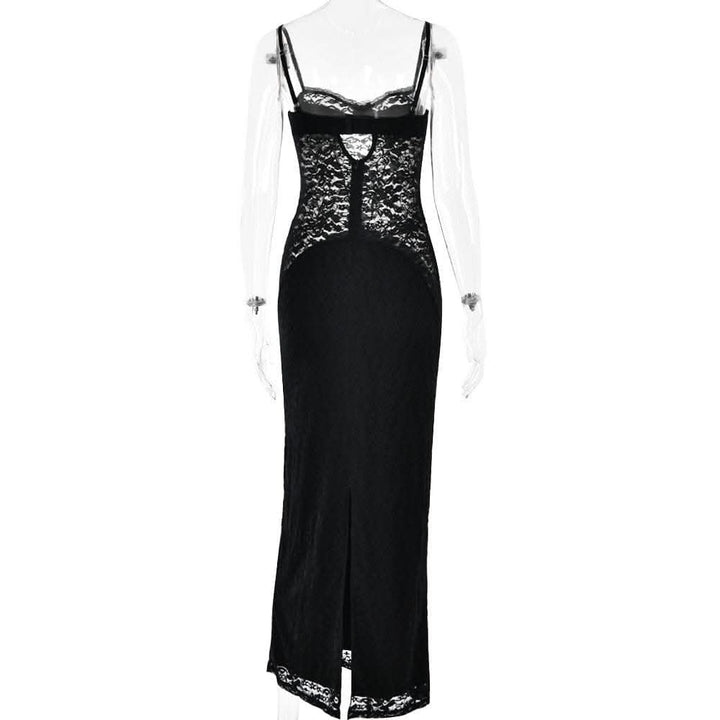 Button slit zip-up solid lace low cut maxi dress-final-sale  | Festival Outfits Women