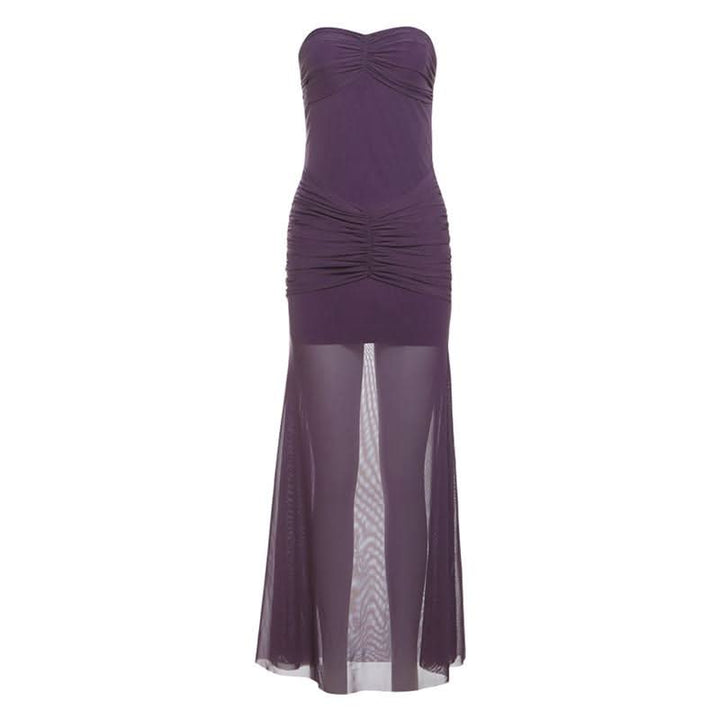 Sweetheart neck ruched mesh solid maxi dress  | Festival Outfits Women