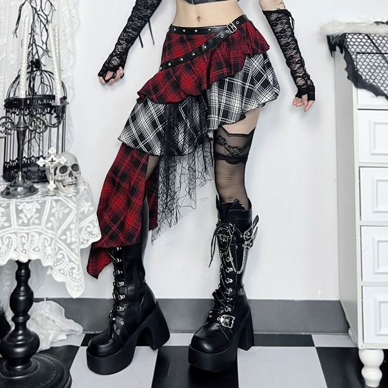 Plaid irregular buckle ruffle lace hem patchwork mini skirt  | Festival Outfits Women
