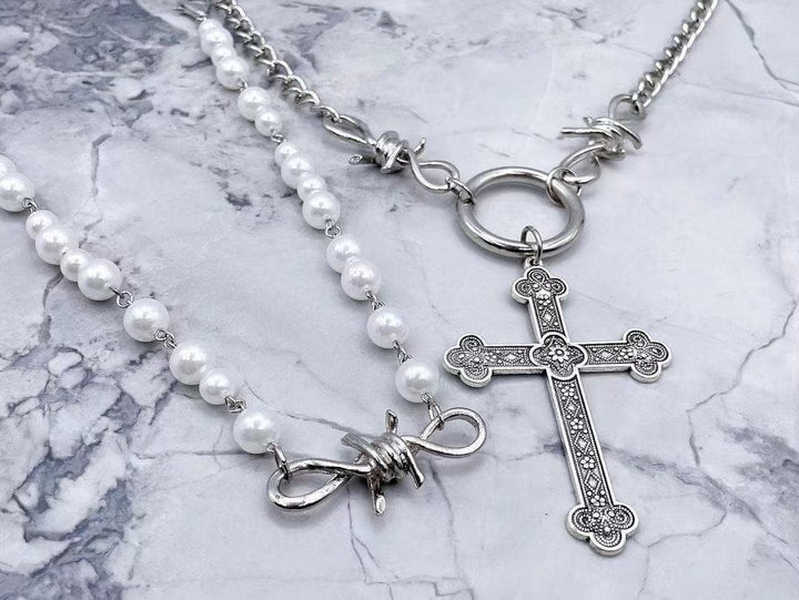 Faux pearl 2 pcs cross pendant choker necklace  | Festival Outfits Women
