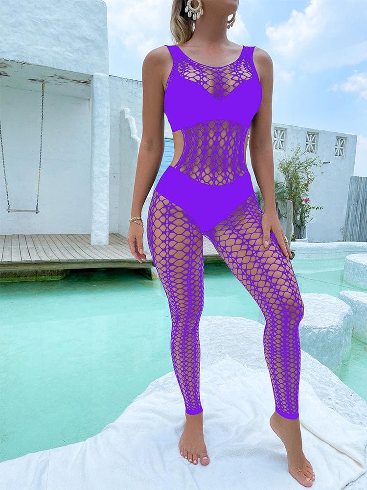 U neck sleeveless hollow out fishnet bodystocking  | Festival Outfits Women