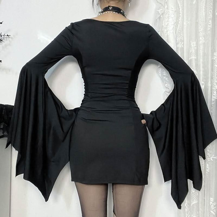 Ruched long flared sleeve v neck solid mini dress  | Festival Outfits Women