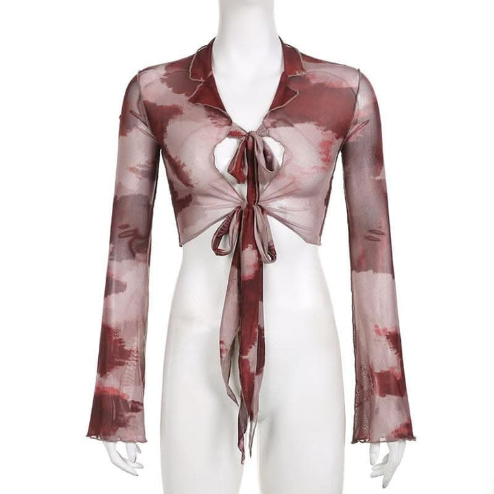 Sheer mesh see through long sleeve tie dye ruffle self tie crop top-final-sale | Mesh Long Sleeve Crop Top  | Festival Outfits Women