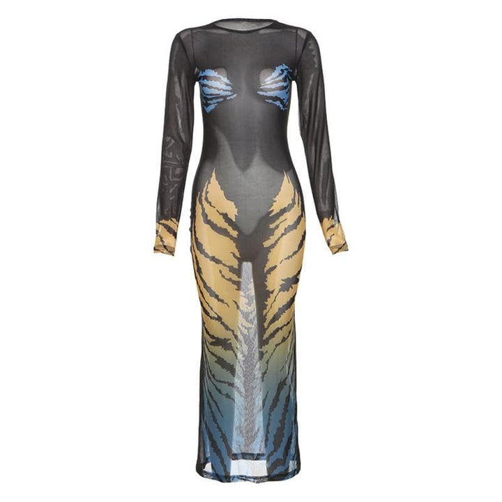 Riga mai dogon hannu mai siffar tiger mai sheer mesh midi | Kayan Biki na Mata