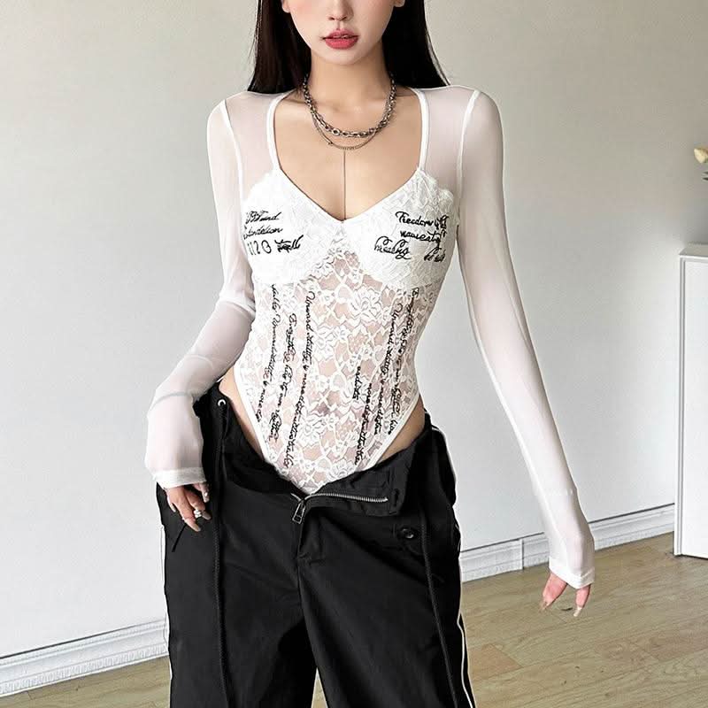 Long sleeve lace v neck letter print button bodysuit  | Festival Outfits Women-final-sale