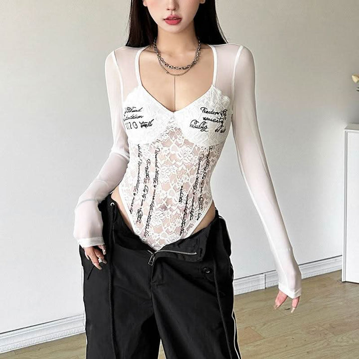 Long sleeve lace v neck letter print button bodysuit  | Festival Outfits Women-final-sale