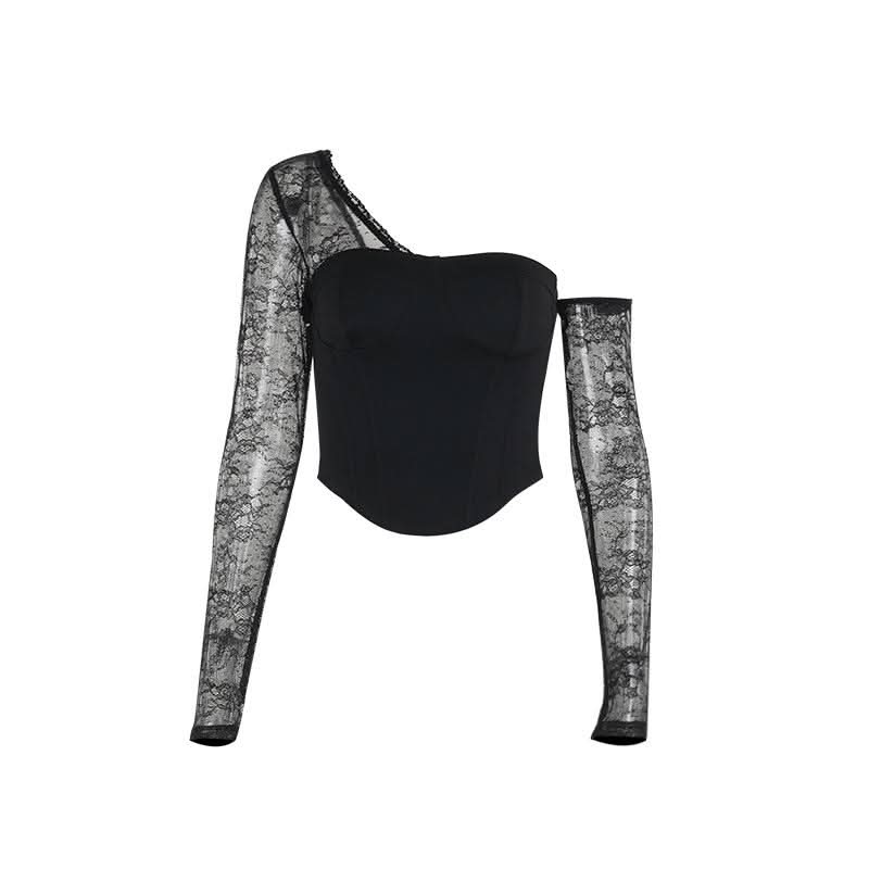 One shoulder long sleeve patchwork lace top  | Festival Outfits Women