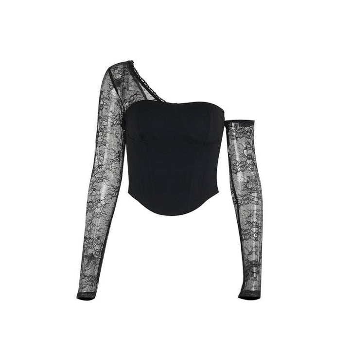 One shoulder long sleeve patchwork lace top  | Festival Outfits Women