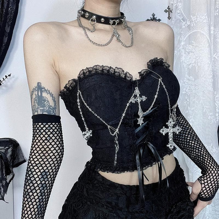 Metal chain lace up sweetheart neck tube top  | Festival Outfits Women