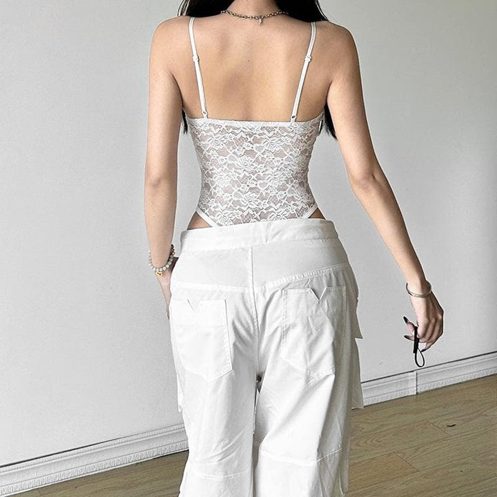Lace v neck letter print button cami bodysuit  | Festival Outfits Women