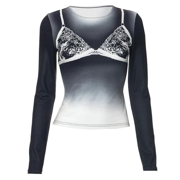 Long sleeve body print gradient crewneck contrast top-final-sale  | Festival Outfits Women