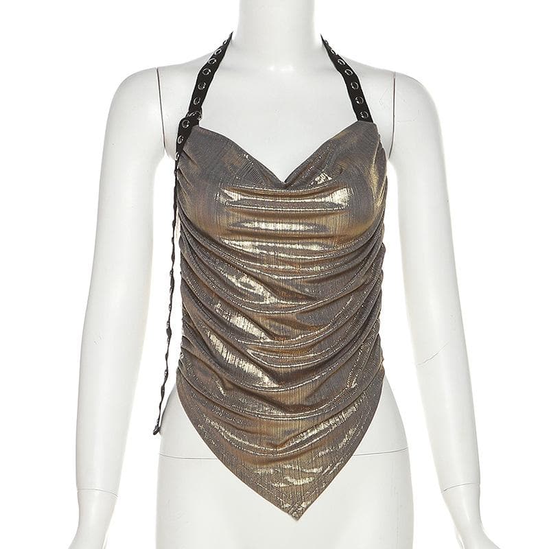 Halter cowl neck metallic backless top  | Festival Outfits Women