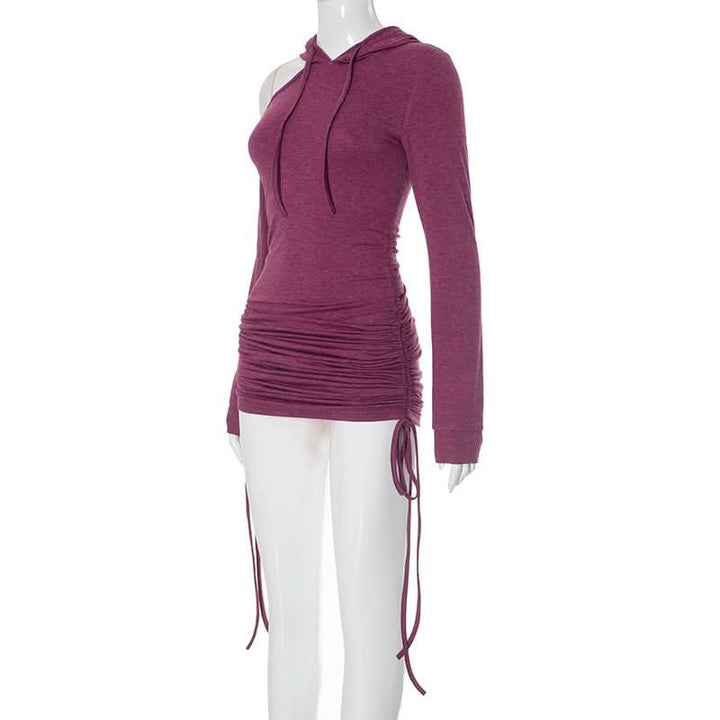 Hoodie long sleeve drawstring off shoulder mini dress  | Festival Outfits Women