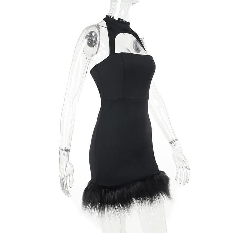 Hollow out halter fluffy backless button solid cut out mini dress-final-sale  | Festival Outfits Women