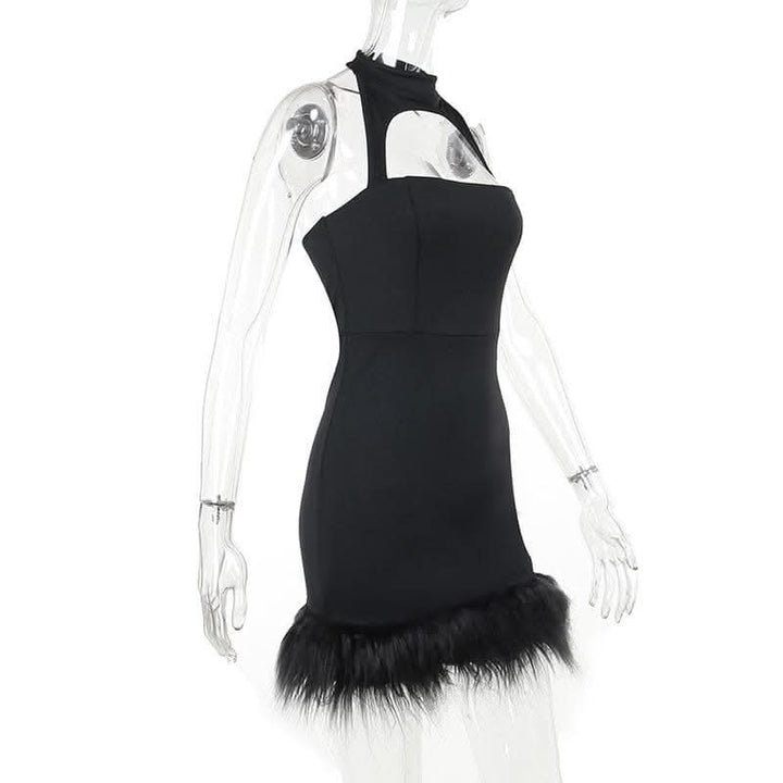 Hollow out halter fluffy backless button solid cut out mini dress-final-sale  | Festival Outfits Women