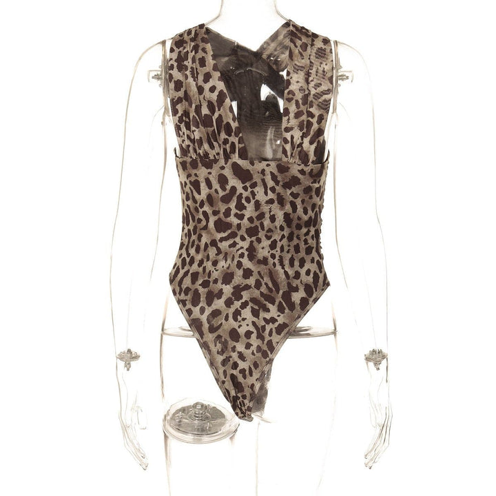 Leopard print sleeveless irregular ruched mesh bodysuit  | Festival Outfits Women