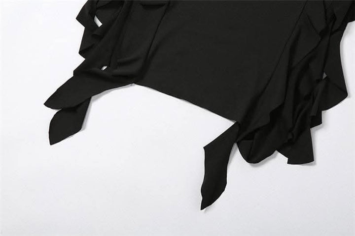 Solid slit irregular ruffle ribbon backless tube midi dress - Final Sale