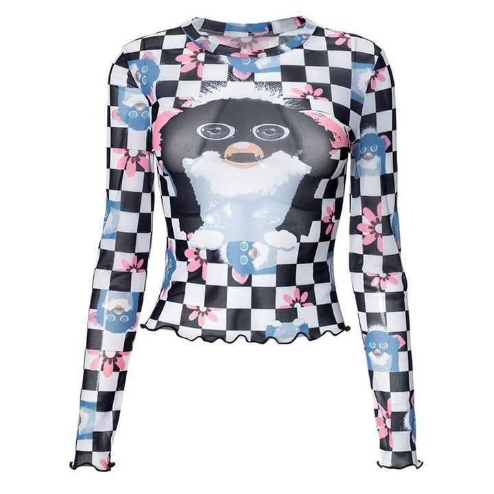 Long sleeve plaid print sheer mesh top  | Festival Outfits Women