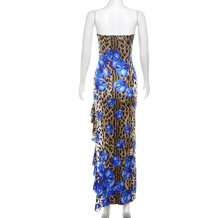 Leopard print contrast ruffle high slit tube maxi dress  | Festival Outfits Women