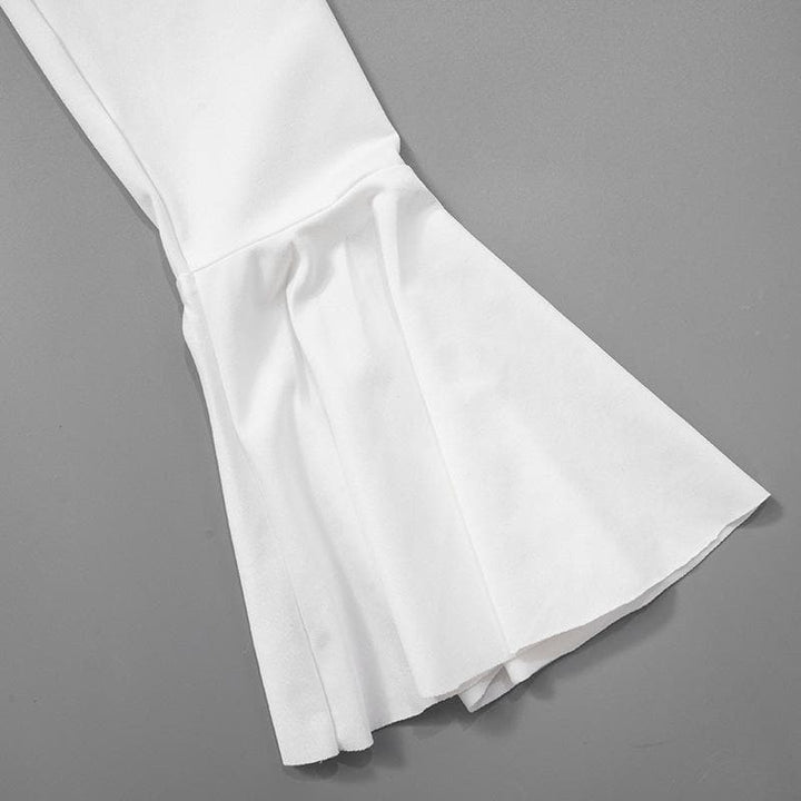 Long flared sleeve ruched v neck solid mini dress  | Festival Outfits Women