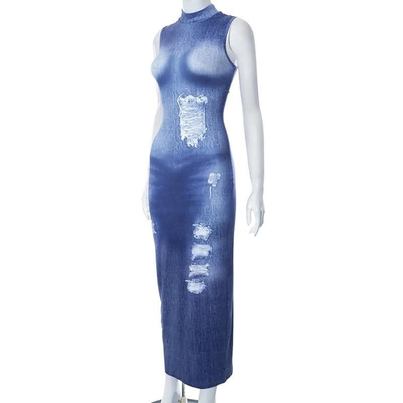 Denim print sleeveless contrast high neck maxi dress-final-sale  | Festival Outfits Women