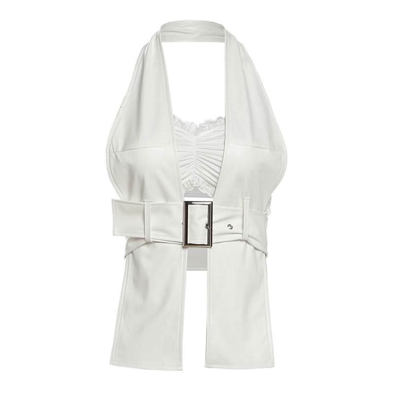 Halter lace hem PU leather 2 piece ruched top  | Festival Outfits Women-final-sale
