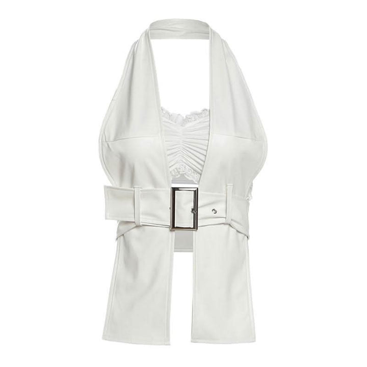 Halter lace hem PU leather 2 piece ruched top  | Festival Outfits Women-final-sale