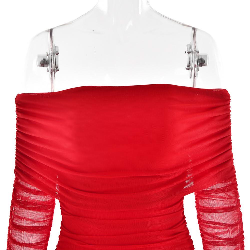 Off shoulder long sleeve slit mesh ruched maxi dress  | Festival Outfits Women