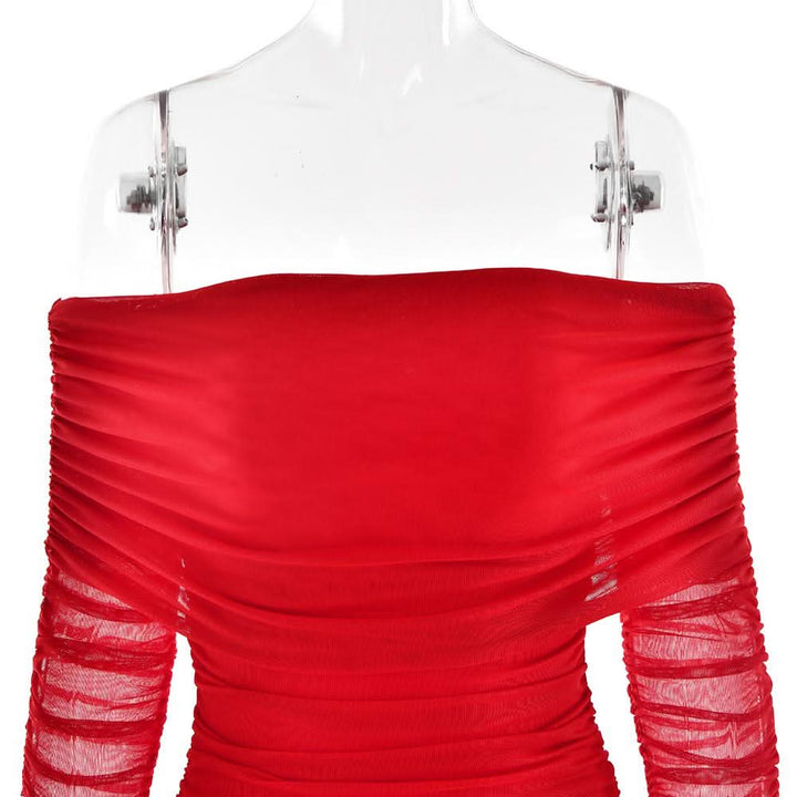 Off shoulder long sleeve slit mesh ruched maxi dress  | Festival Outfits Women