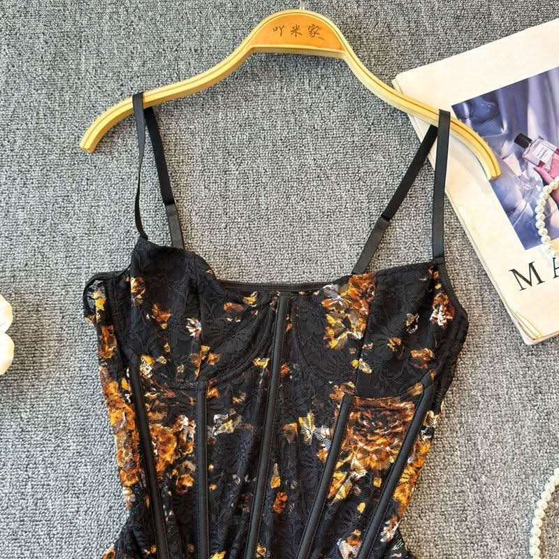 Lace flower print corset cami bodysuit  | Festival Outfits Women