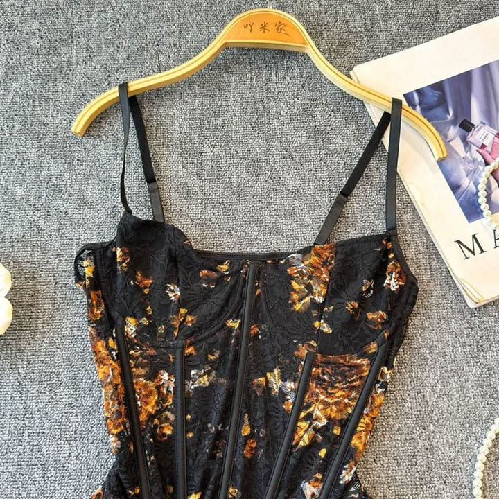 Lace flower print corset cami bodysuit  | Festival Outfits Women