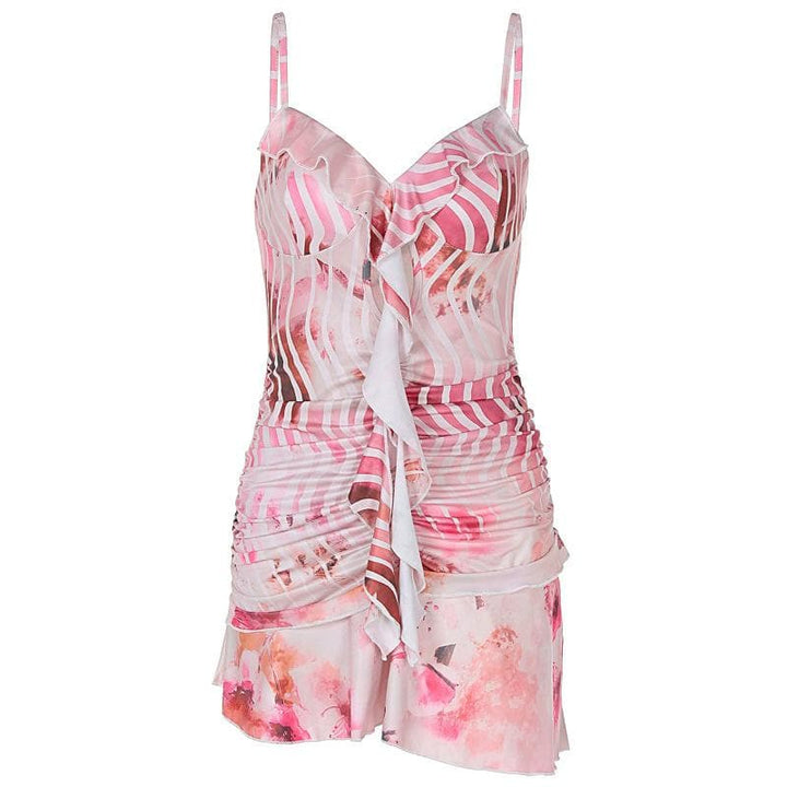 V neck ruffle ruched print backless cami mini dress  | Festival Outfits Women