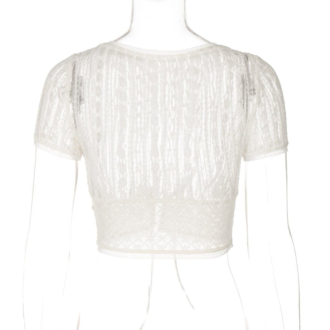 Short sleeve button lace see through crop top  | Festival Outfits Women