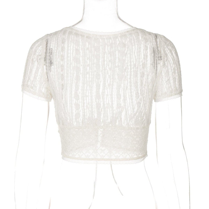 Short sleeve button lace see through crop top  | Festival Outfits Women