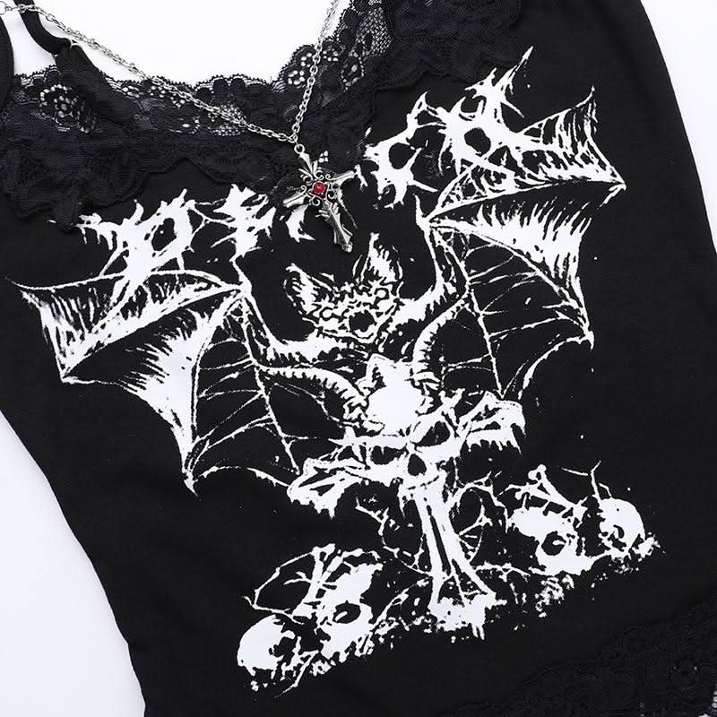 V neck abstract bat print lace hem cami top  | Festival Outfits Women