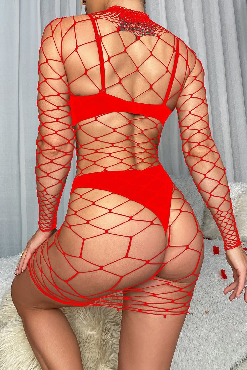 Long sleeve high neck fishnet hollow out lingerie set  | Festival Outfits Women
