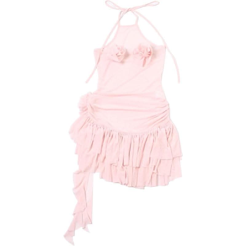 Halter sheer mesh ruffle flower applique mini dress-final-sale  | Festival Outfits Women