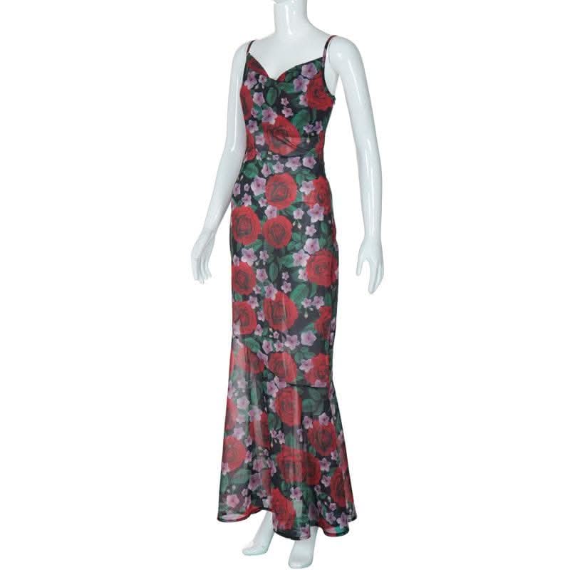 Cowl neck flower print zip-up contrast backless cami maxi dress-final-sale  | Festival Outfits Women