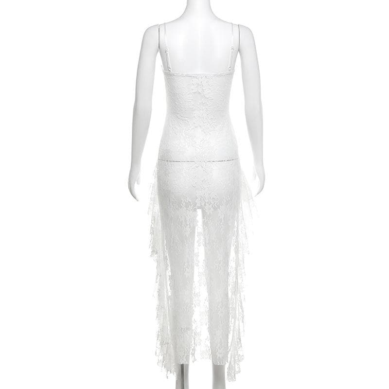 Sweetheart neck lace ruffle see through cami midi dress  | Festival Outfits Women