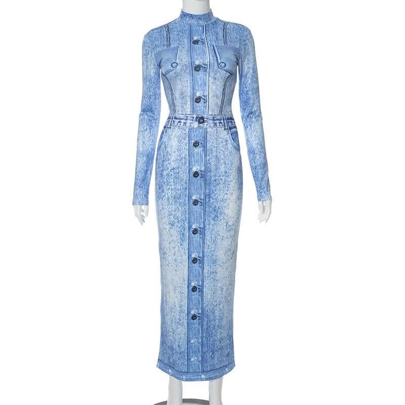 Denim print contrast high neck long sleeve maxi dress-final-sale  | Festival Outfits Women