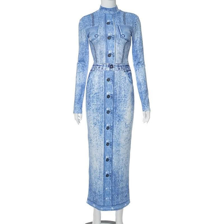 Denim print contrast high neck long sleeve maxi dress-final-sale  | Festival Outfits Women