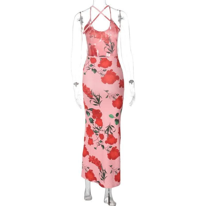 Flower print u neck cross back backless cami midi dress-final-sale  | Festival Outfits Women